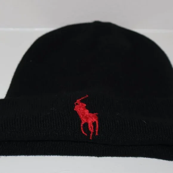 Polo Ralph Lauren Black Knit Beanie Red Pony Logo - Picture 2 of 5